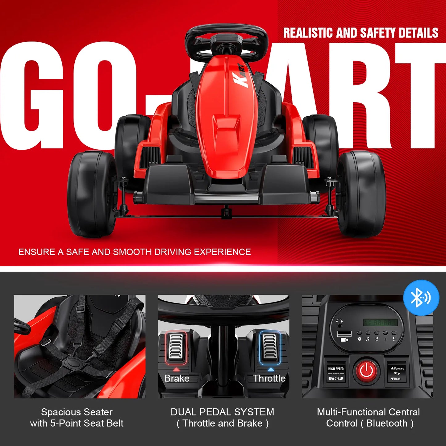 24V Kids Ride On Car, 2-Seater Outdoor Vehicle with Rear Wheel Drive, Music Player, Safety Belt & One Button Start, Battery Powered Toy Car for Ages 3-8